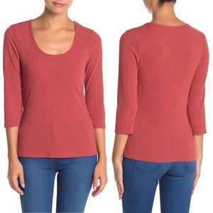 SUSINA Scoop Neck 3/4 Sleeve Ribbed Knit T-Shirt